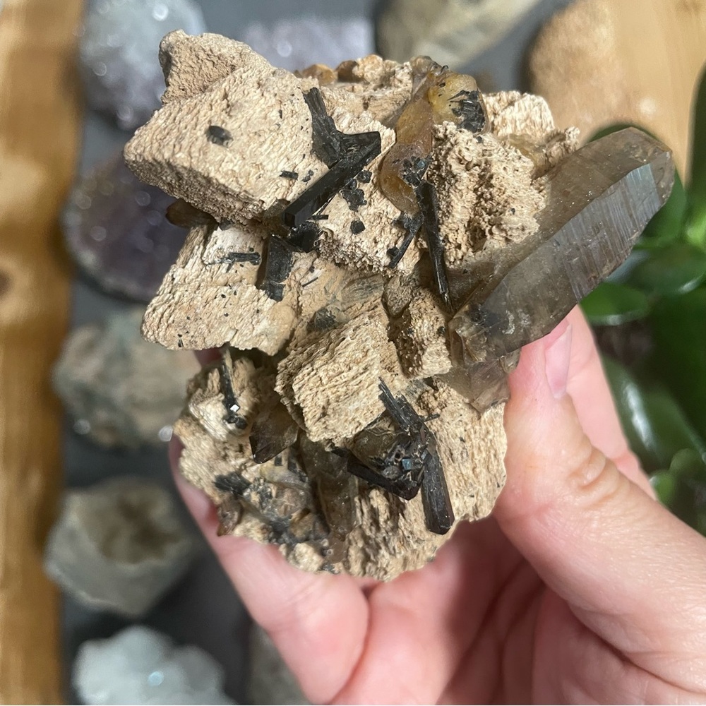 Malawi mixed mineral crystal cluster. Smoky quartz on feldspar with aegerine